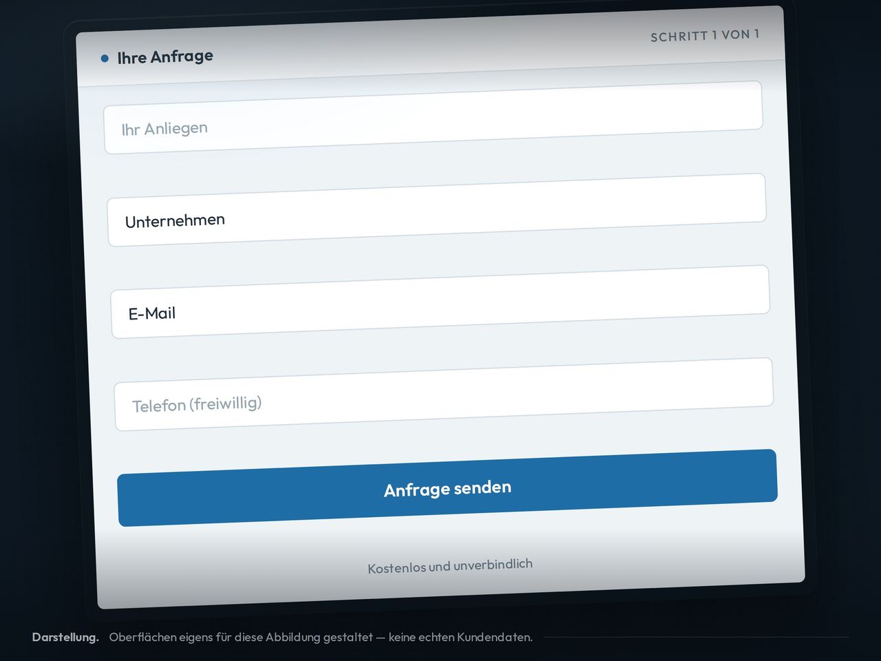 Ein Anfrageformular auf einem Bildschirm mit den Feldern Anliegen, Unternehmen, E-Mail und Telefon.