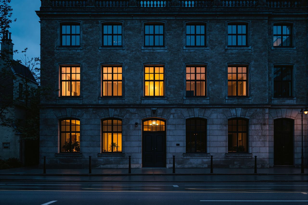 Ein Altbau in der Abenddämmerung, in einem Stockwerk brennt noch Licht, die übrigen Fenster sind dunkel.